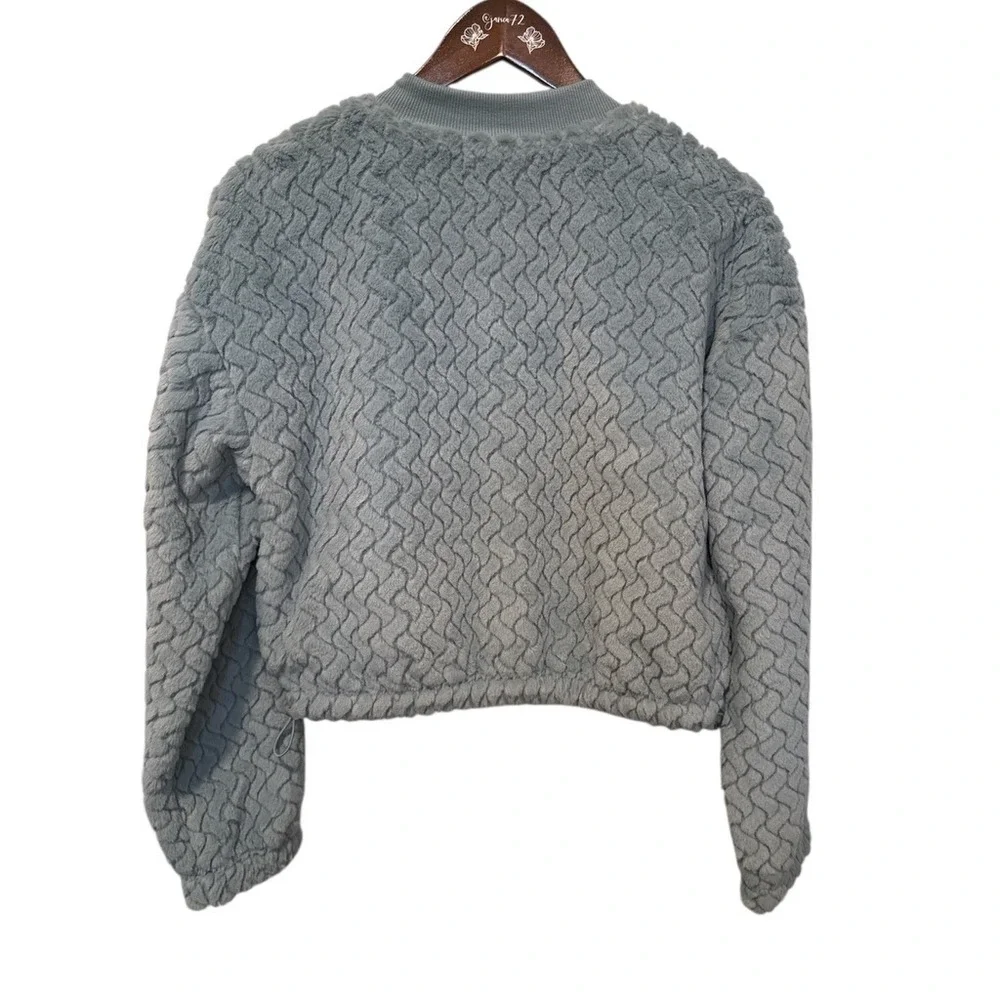 Crave Fame Light Blue Fuzzy‎ Textured Bomber Jacket Cropped Sz M Soft Cozy